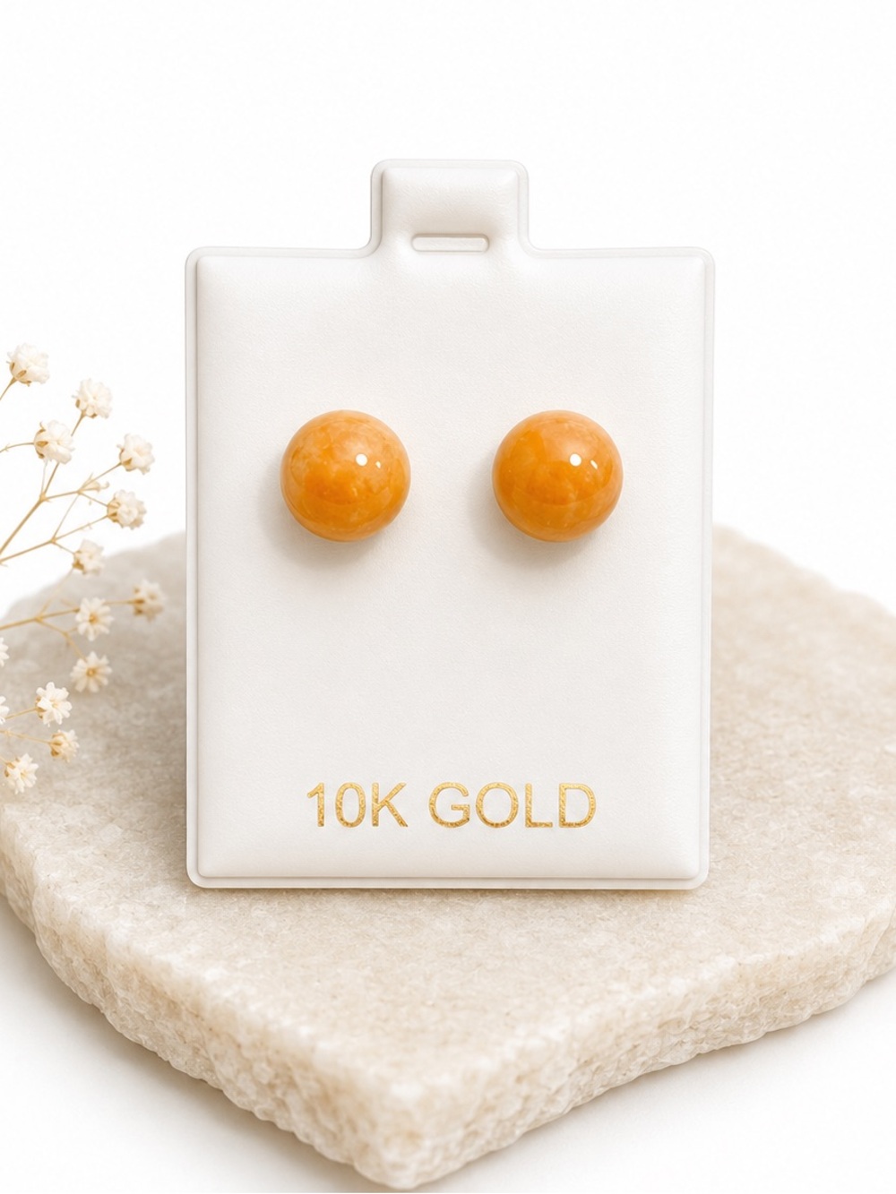 10K Gold Amber Lucite Ball Stud Earrings NWT